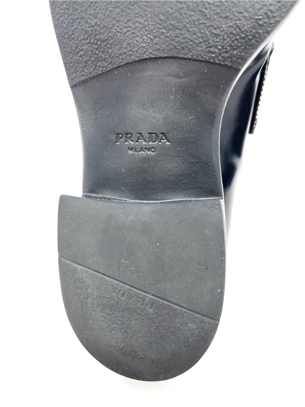 Prada Chocolate Black Triangle Logo Brushed Leather Loafers Heels Chunky 38.5 - Picture 11 of 14